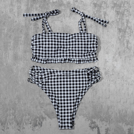 Plain Lace-up Cross Cutout Bikini Plaid Drawstring Cross High Waist Hollow-out Bikini