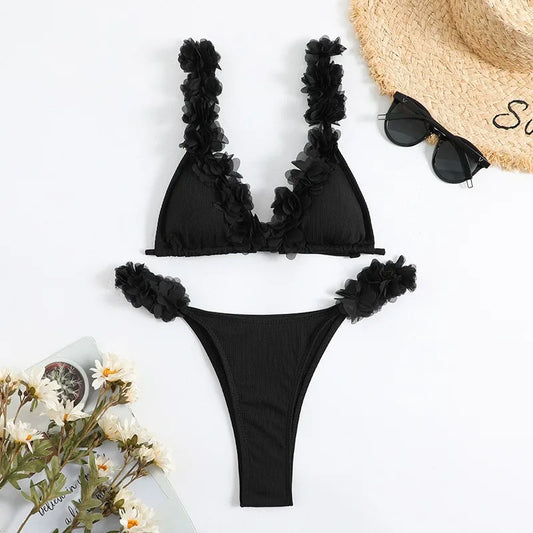 Solid Flower Swimwear Triangle Bathing Suit Floral Edge Lace Bikinis Sets Halter Swimsuit Set For Women купальник женский