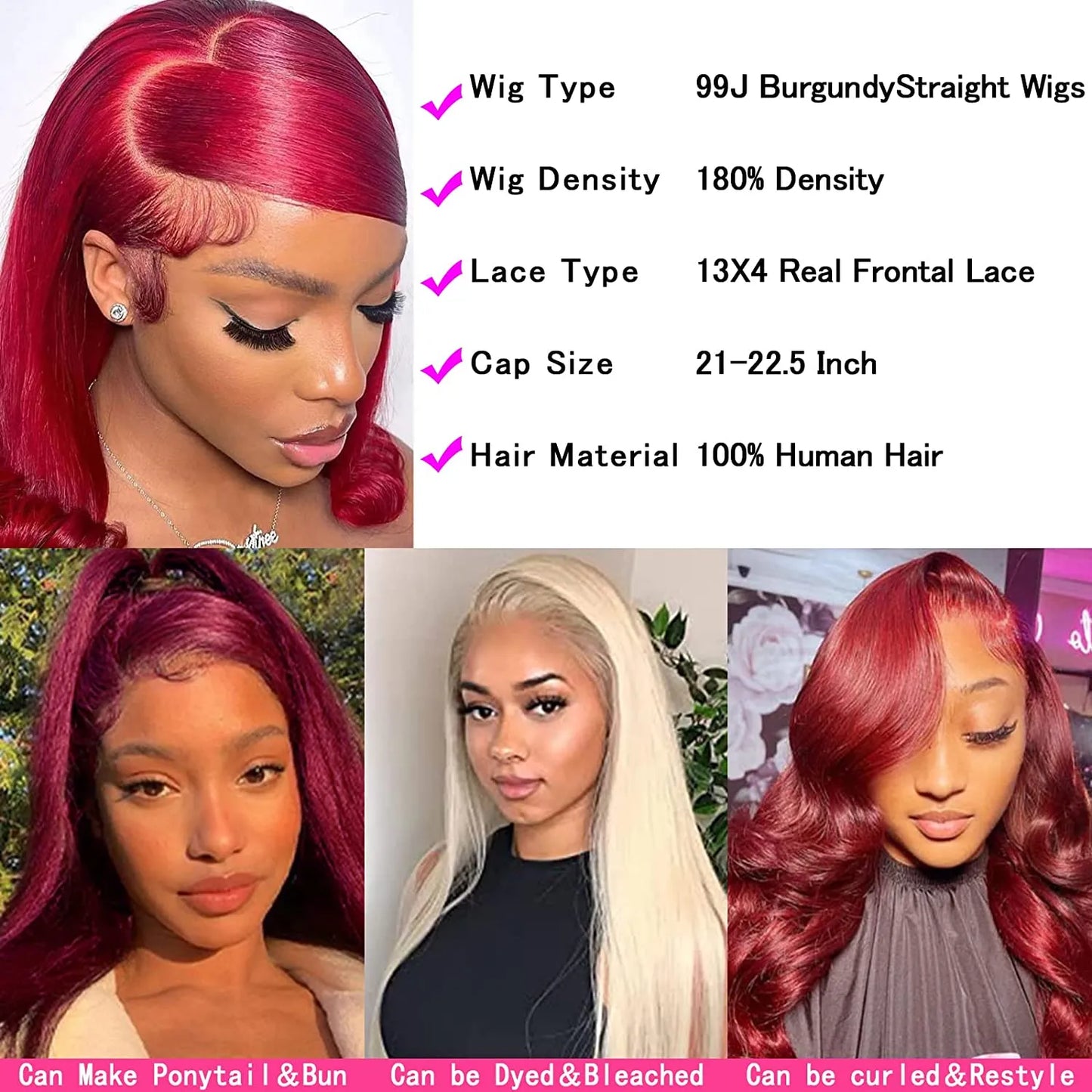 99J Burgundy Straight Lace Front Wigs Human Hair Glueless Colored Brazilian 13x4 Transparent HD Lace Frontal Human Hair Wigs
