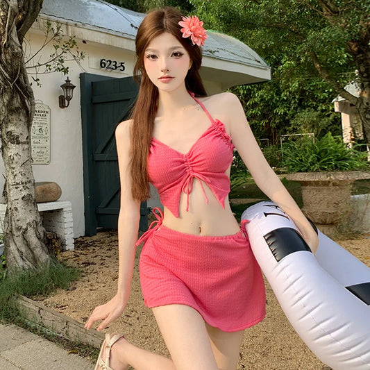Korean Fashion Sexy Push Up Bikini Three Piece Set Swimsuit Women Rose Red Summer Beach Holiday Swimwear Y2k Skirt Bathing Suits