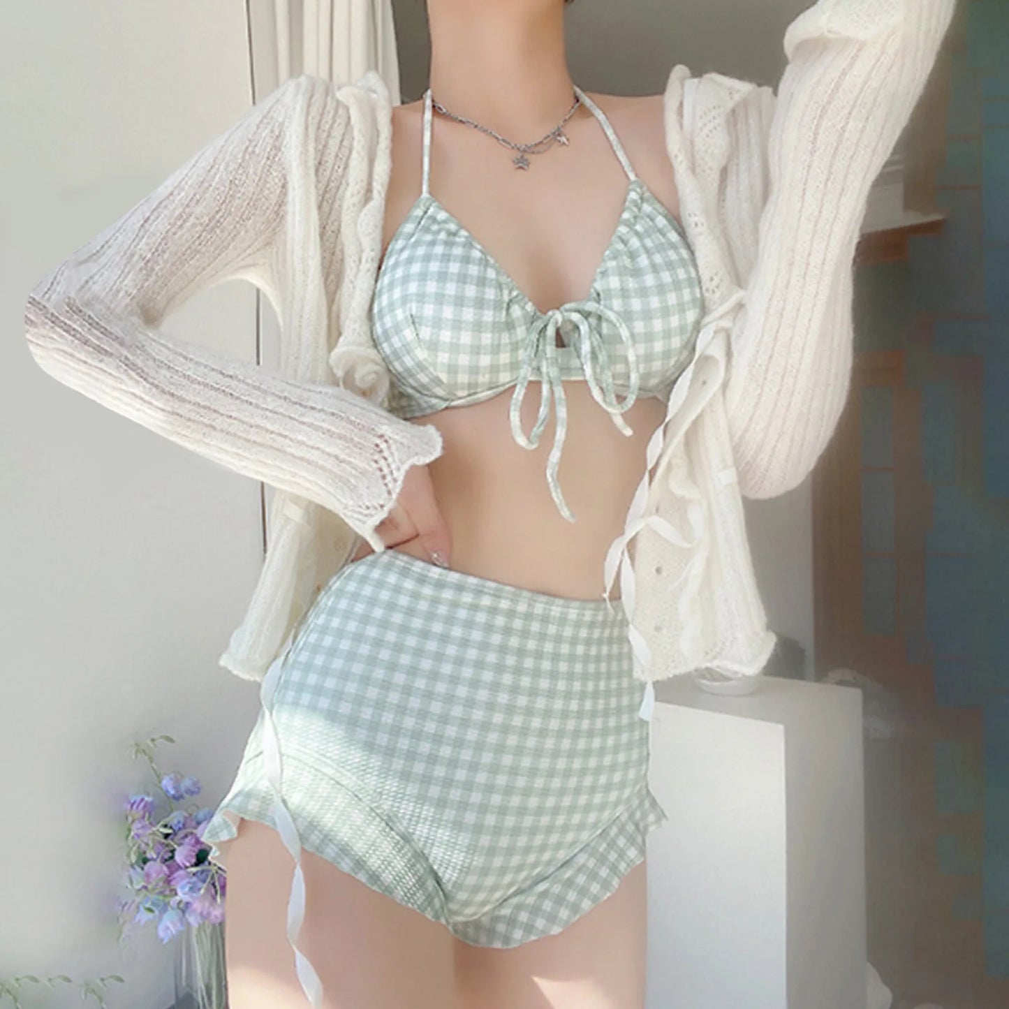 Kawaii Bra And Panties Fashion Swimsuit Lolita Girl Sexy Plaid High Rise Soft Girl Fresh Lattice Bikini Slim Hot Spring Swimsuit