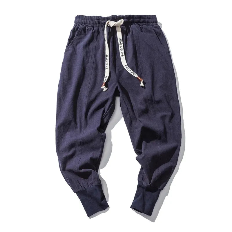 Cotton Linen Harem Pants Men Solid Elastic Waist Streetwear Joggers 2022 New Baggy Drop-crotch Pants Casual Trousers Men