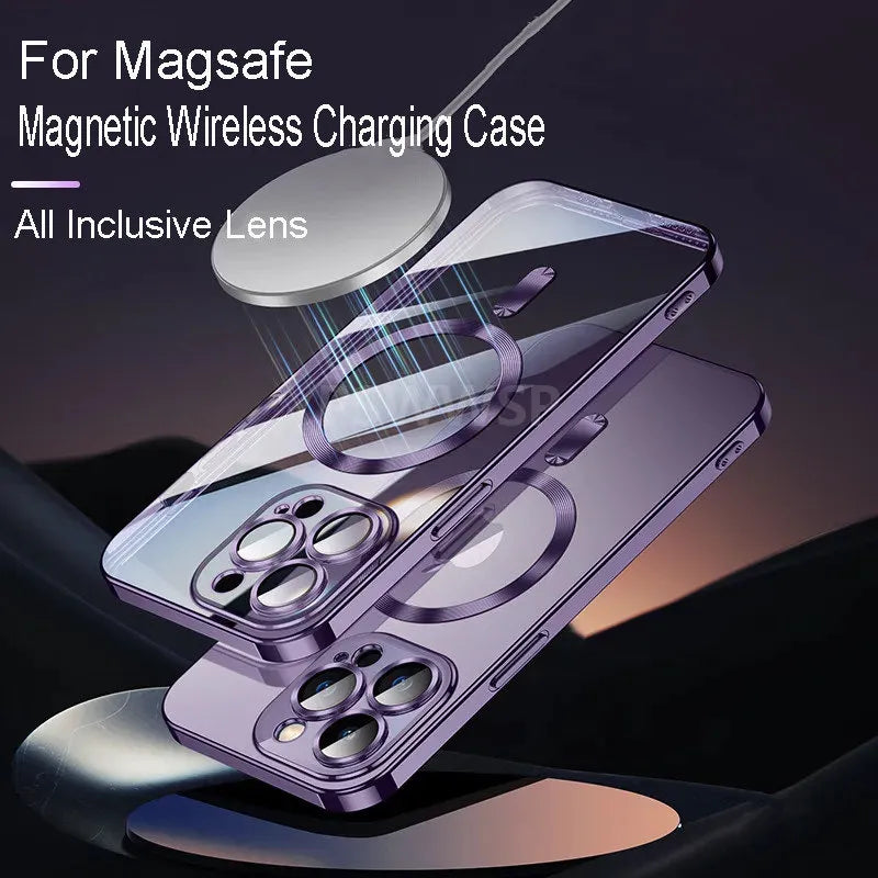 Luxury Plating For Magsafe Case For iPhone 14 Pro Max Wireless Charge Magnetic Soft Cover With Camera Lens Protector